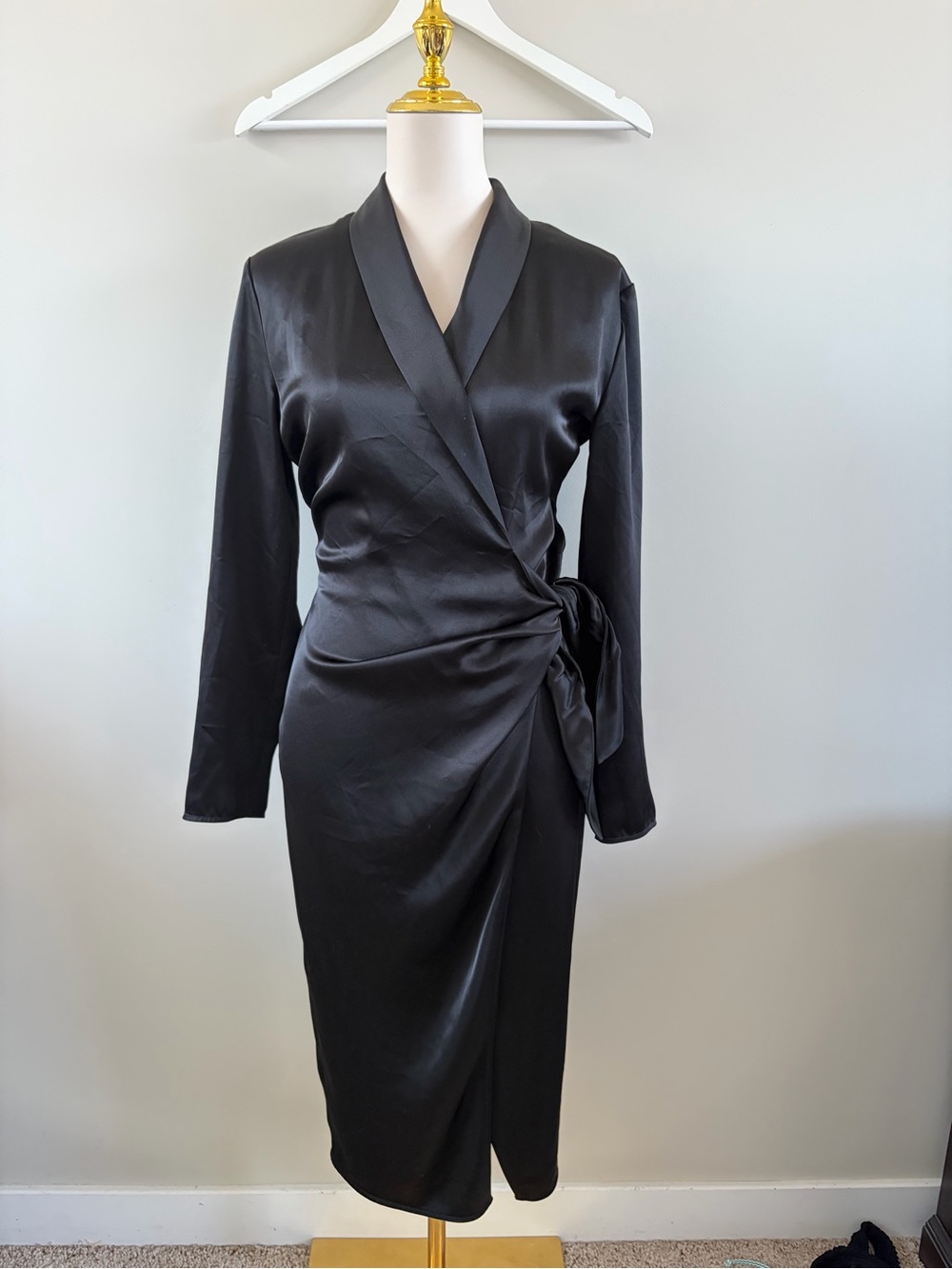 Babaton Black Satin Wrap Midi Dress